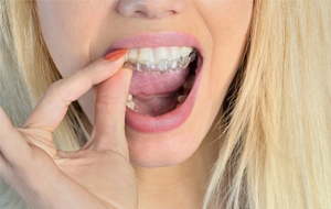  woman putting in Invisalign clear braces 