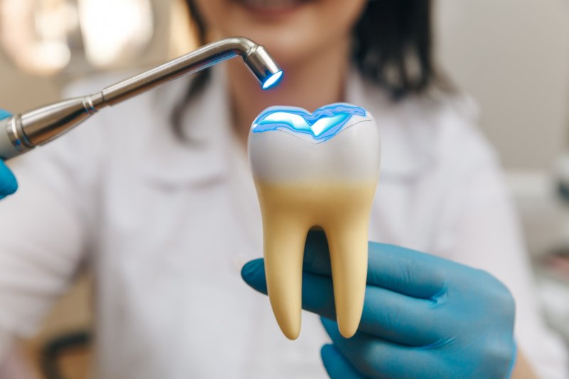 dentist holding a model of a dental filling
